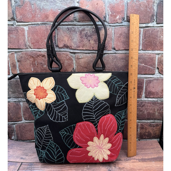 Floral Stitched Black Canvas Tote Handbag Talbots Zip Double Handle - Picture 3 of 12